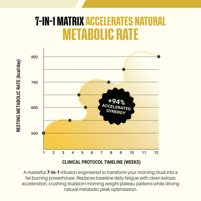 A clinical protocol timeline chart for Vitavora Wellness Keto Slimming Coffee showing a 94 percent accelerated synergy increase in resting metabolic rate over a twelve week period.