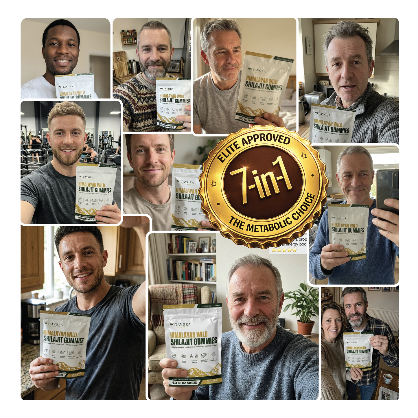 Vitavora Wellness customer photo reviews collage showing real users holding the Himalayan Wild Shilajit Gummies pouch, featuring a gold Elite Approved 7-in-1 The Metabolic Choice stamp.