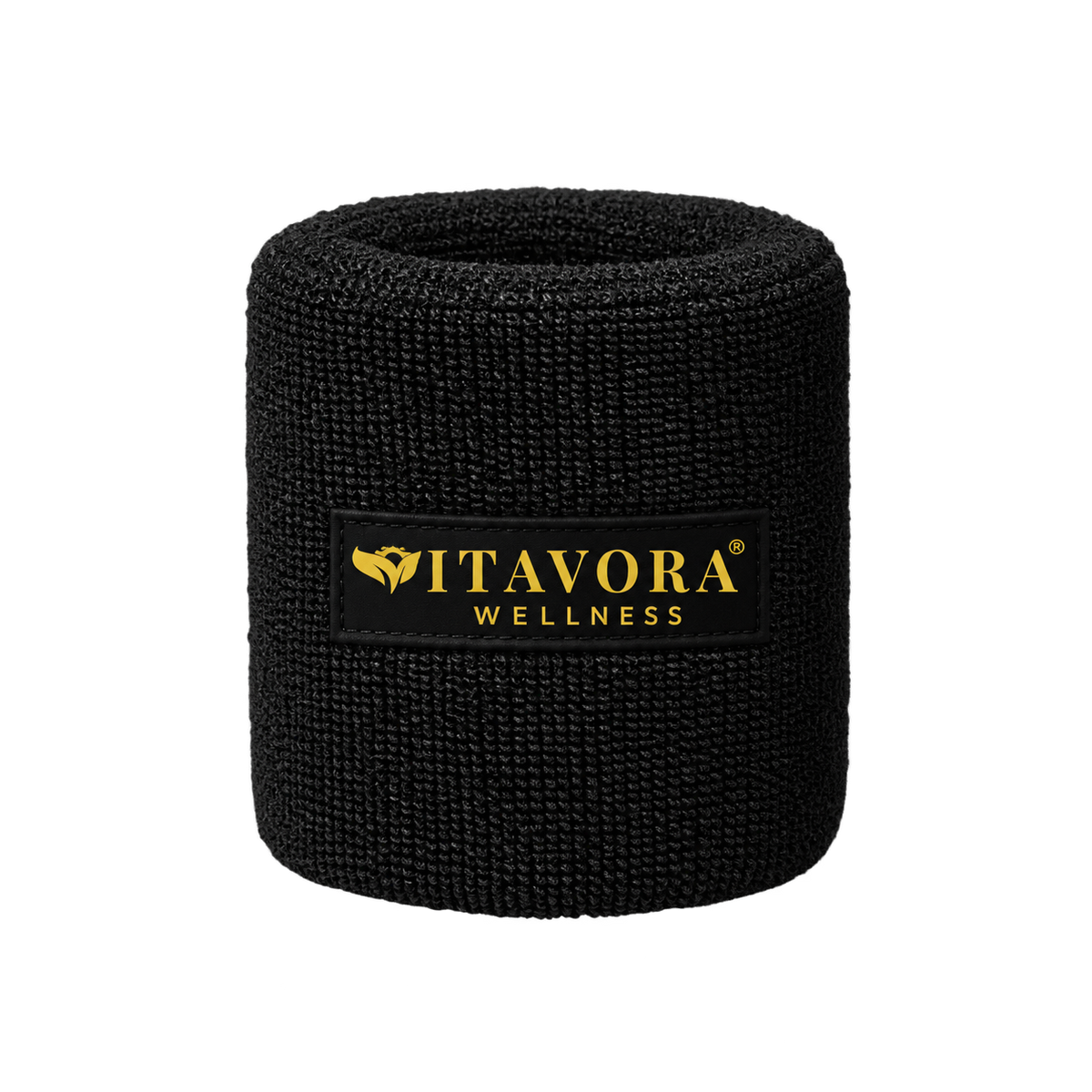 Single Vitavora Wellness Power Circle Wristband standing upright, showcasing the black and gold branded logo patch on a white studio background.